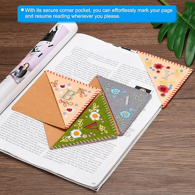 PATIKIL Personalized Embroidered Corner Bookmark, Cute Flower Felt Stitched Triangle Book Mark Page Marker for Women Men Book Lovers Teachers, Pink, Letter P
