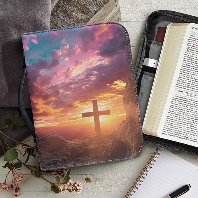 Lotusorchid Bible Book Cover for Women, Cross Print Bible Cover Case Sturdy Zippered Bible Carrying Case with Handle Pocket Portable Bible Bag for Bible Study, Pink, 2XL