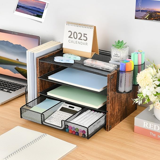 Desk Organizers and Accessories, Desk Accessories & Workspace Organizers for Office Supplies, File Organizer Desk Drawer Organizer with 2 Pen Holders, 4 Tier Paper Organizer for Desk(Wood)