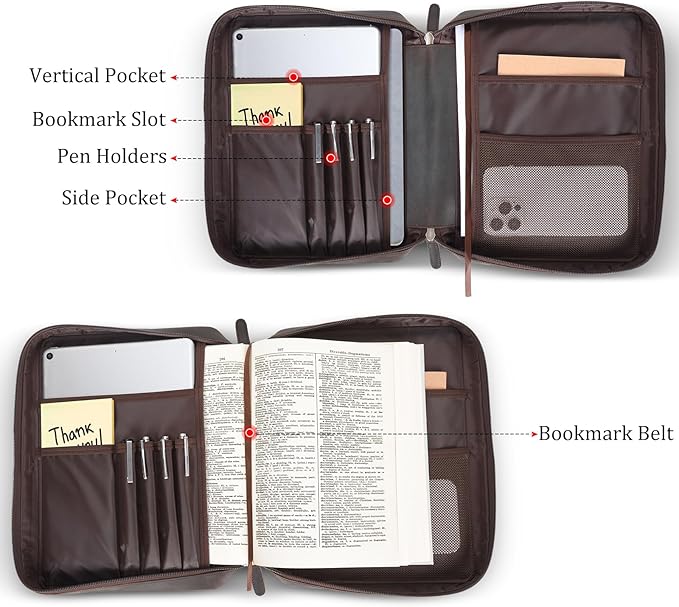 Polare Full Grain Leather Bible Cover Church Bag Bible Protective Book Holder Carrying Case Folder Organizer Portfolio with YKK Zippers, Dark Brown(Strong & Courageous)