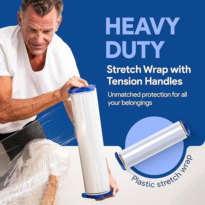 80 Gauge Plastic Stretch Film/Wrap with Tension Handles 1200ft 500% Stretch Clear Cling Durable Adhering Packing Moving Packaging Heavy Duty Shrink Film (Tension Handles, 2)