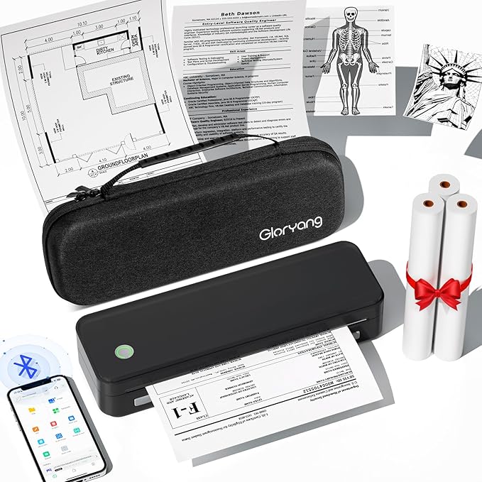 Inkless Portable Printer for Travel, Wireless Thermal Printer Supports 8.5 x 11 Inch US Letter Size, Bluetooth Machine Includes Carry Case and 3 Rolls of Thermal Paper Kit, Black