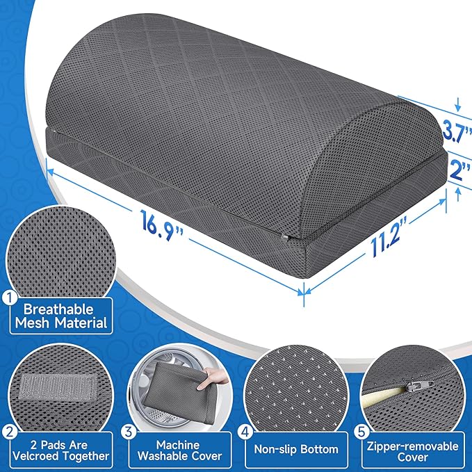 Foot Rest for Under Desk at Work Adjustable Foam for Office and Home, Office Desk Accessories，Comfortable Footrest with 2 Adjustable Heights，Back & Hip Pain Relief (Gray-16.9 in)