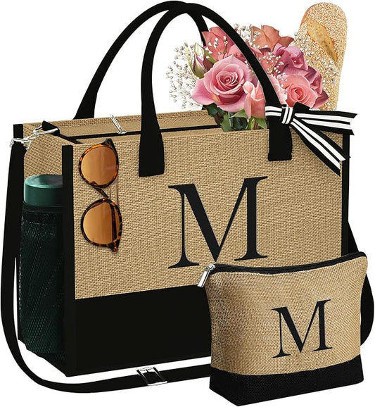 YOOLIFE Christmas Gifts for Women - Initial Jute Tote Bag & Makeup Bag, Birthday Gifts for Women Her Mom Teacher Friend