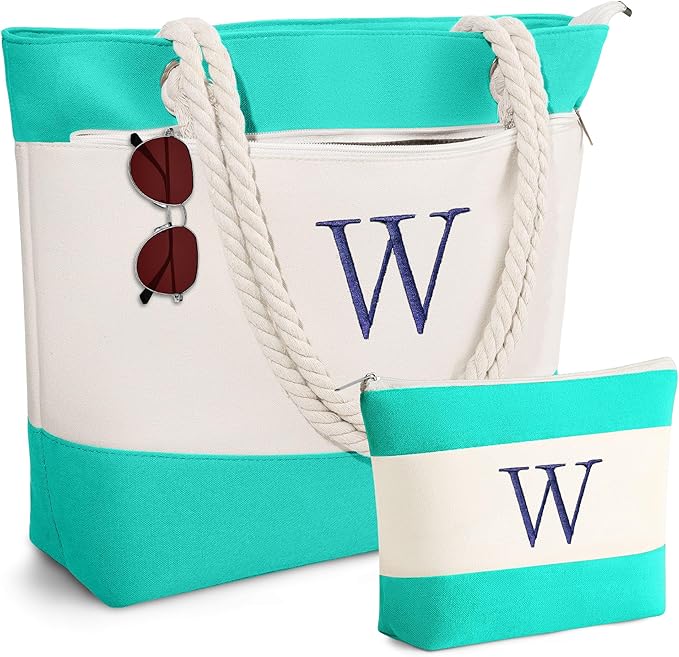YOOLIFE Christmas Gifts for Women - Initial Canvas Tote Bag & Makeup Bag, Birthday Gifts for Women Mom Teacher Friend Sister