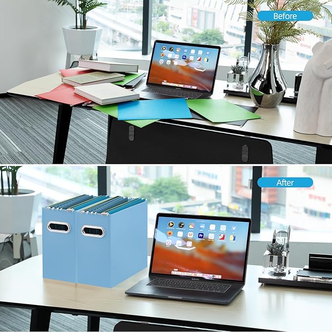 Oterri File Organizer, Small Storage Box, Cardboard File Folder Organizer, Collapsible File Box, Hanging File Organizer for Letter Size, Portable File Box with Handle, Only Box (Blue, 2 Packs)