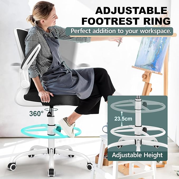 FelixKing Drafting Chair Ergonomic Tall Office Chair, Breathable Mesh Chair with Adjustable Footrest Ring Lumbar Support Flip-up Armrests, High Back Executive Comfy Task Computer Chair for Home Office