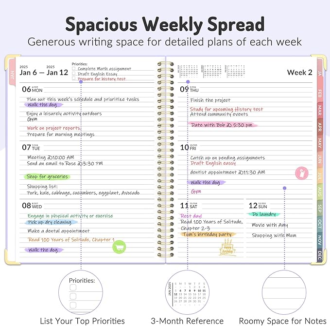 Forvencer Daily Planner 2025-2026, 18 Month Academic Planner, 8.5" x 11", Weekly and Monthly Planner, Jan 2025 - Jun 2026, Hardcover Day Planner, Spiral Agenda Book with Colorful Tabs, Office Home School Supplies, A4, Lavender Purple