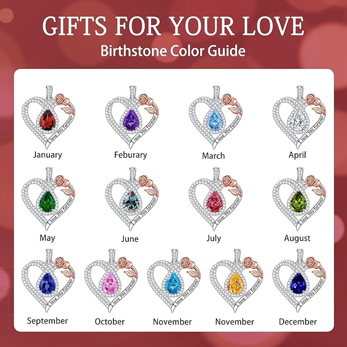 Hidepoo Christmas Gifts for Women Mom Wife - Sterling Silver Rose Heart Birthstone Necklace I Love You Forever Heart Pendant Teardrop Necklace Jewelry Anniversary Valentines Christmas Birthday Gifts