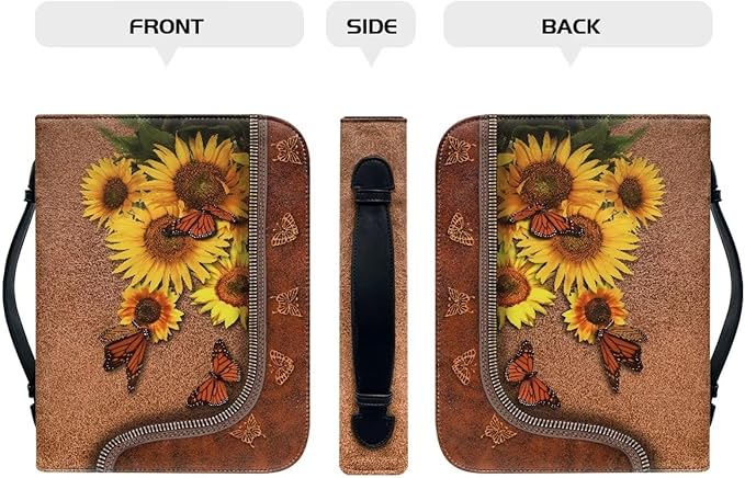 Lotusorchid Butterfly Bible Bags, Sunflower Faux Leather Bible Covers with Handle Pockets for Women, Portable Sturdy Bible Bag for Girls Ages 8-12, Christian Bible Study Accessories, Brown,XL