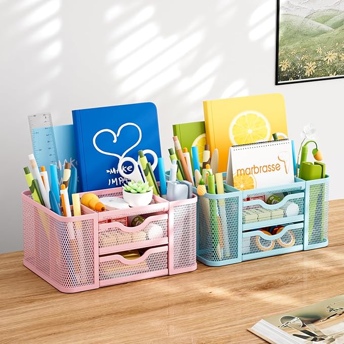 Marbrasse Mesh Desk Organizer, Pen Organizer with 2 Drawer, Multi-Functional Pencil Holder for Desk, Desk Organizers and Accessories with 5 Compartments + Drawer for Office Art Supplies (Blue)