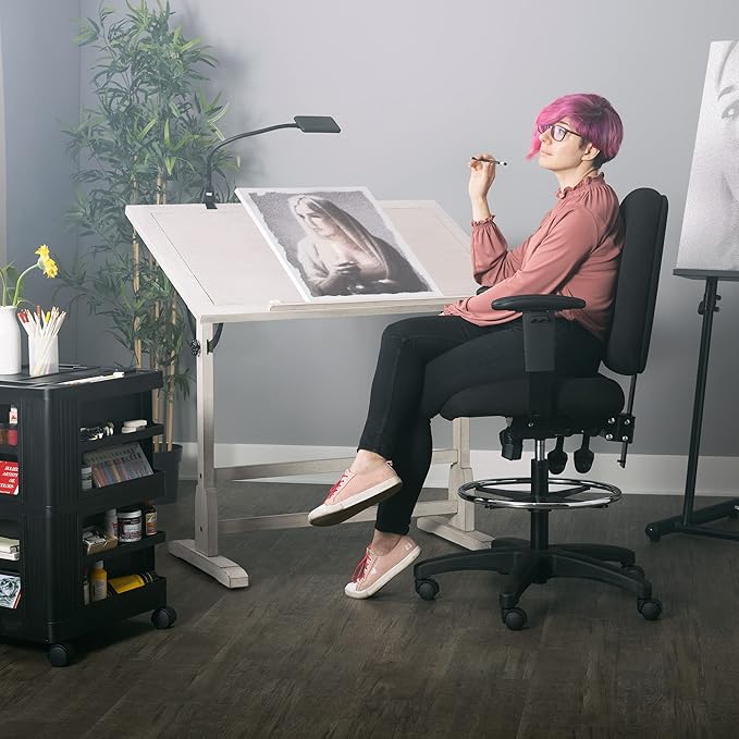 Studio Designs Wood Drawing/Drafting Table with Pencil Ledge - 42" W x 30" D - Whitewash - Tilting Top Adjustable Desk