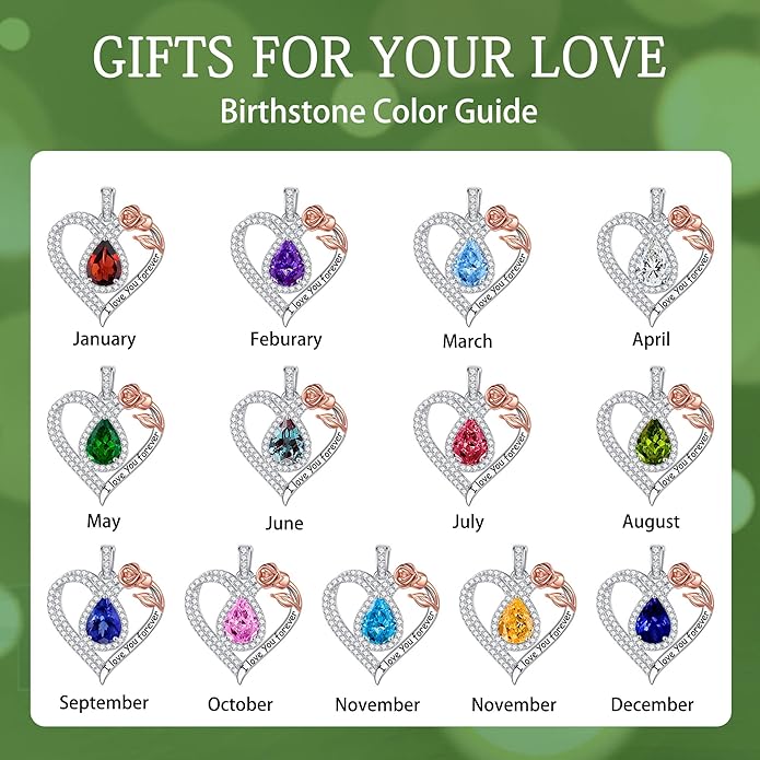 Hidepoo Christmas Gifts for Women Mom Wife - Sterling Silver Rose Heart Birthstone Necklace I Love You Forever Heart Pendant Teardrop Necklace Jewelry Anniversary Valentines Christmas Birthday Gifts
