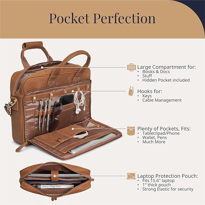 Luxorro Full-Grain Leather Briefcases for Men, Leather Laptop Briefcase For Men, Leather Bag, Leather Computer Bag For Men
