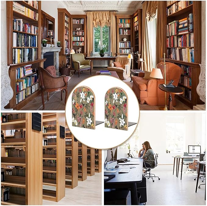 2 Pack Wood Bookends, Spring Floral Flowers Butterfly Non-Skid Book Ends for Heave Books, Decorative Bookends for Shelves Desk, Book Stoppers Book Holders for Home Office Library School