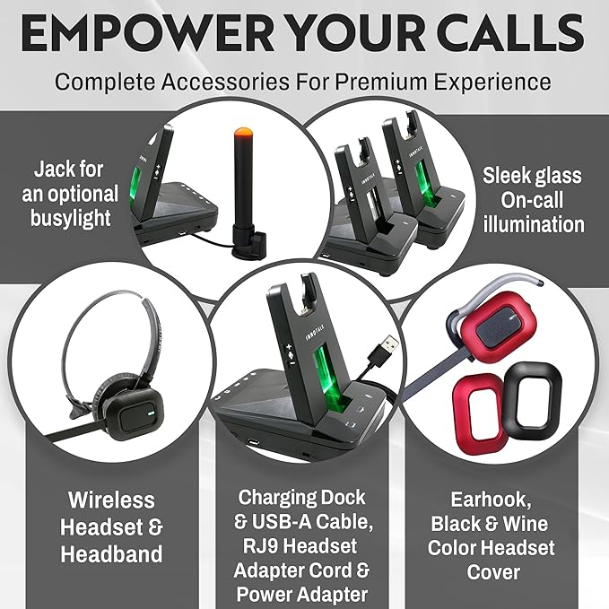 INNOTALK – Computer & Desk Wireless Bluetooth Phone Headset, Office Wireless Headset for Desk Phone & PCs & Bluetooth, Handsfree Headset & RJ9 Adapter, 300 Ft. Long Range Wireless Headset