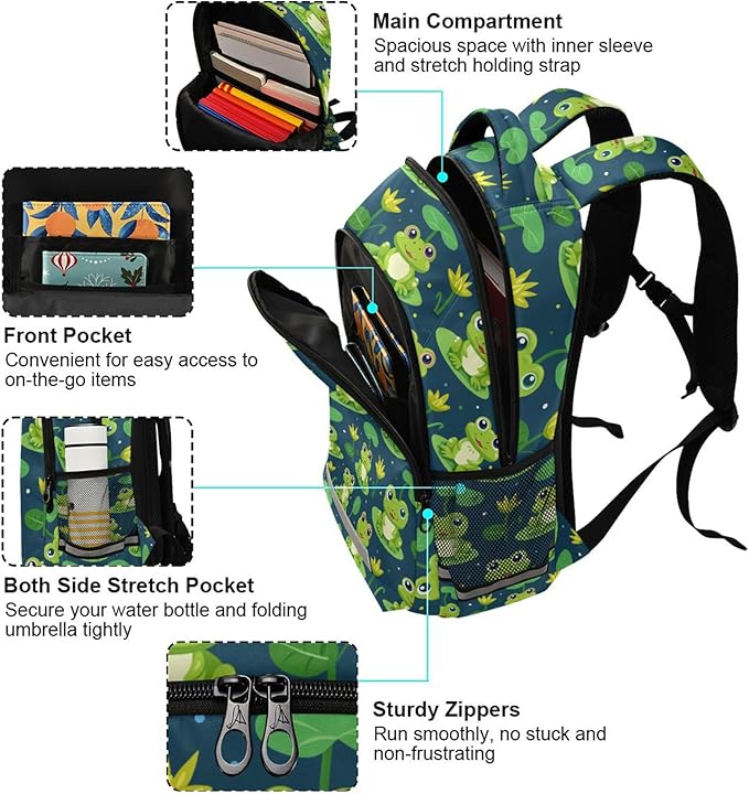 MNSRUU Laptop Backpack with Chest Strap, Cute Frog School Backpack, Travel Hiking Backpack for Boys Girls Teen Adult, Rucksack, Knapsack