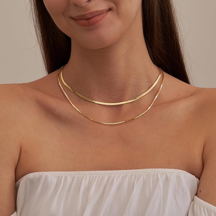 Herringbone Necklace for Women,Dainty Gold Necklace,14k Gold Plated Snake,Gold Chain Choker Necklaces,Simple Gold Layered Necklaces,Gold Jewelry Gift for Women