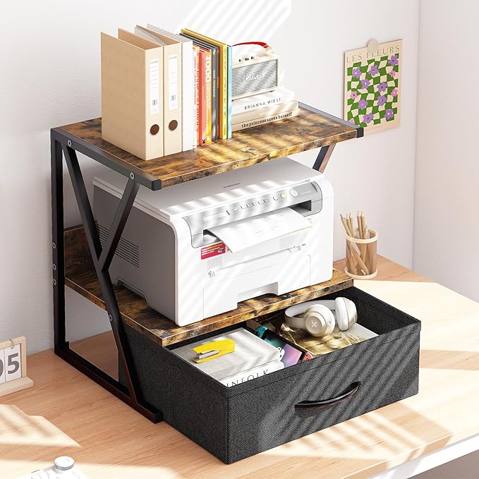 aboxoo Printer Stand For Desk With Storage Drawer, 2 Tier Desktop Or Under Desk Shelf, Multi-Purpose Desk Organizer For Home Office, fit Fax Machine/3D Printer/Scanner, Rustic Brown