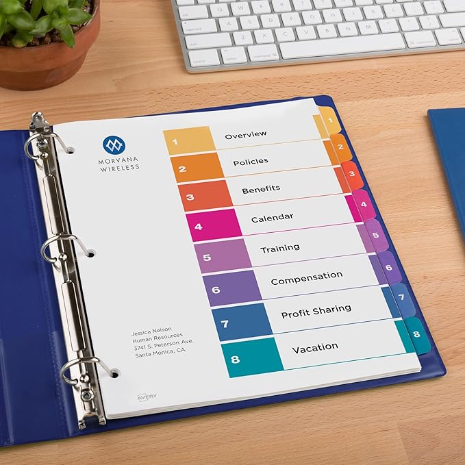Avery 8 Tab Dividers for 3 Ring Binders, Customizable Table of Contents, Multicolor Tabs, 1 Set (11133)