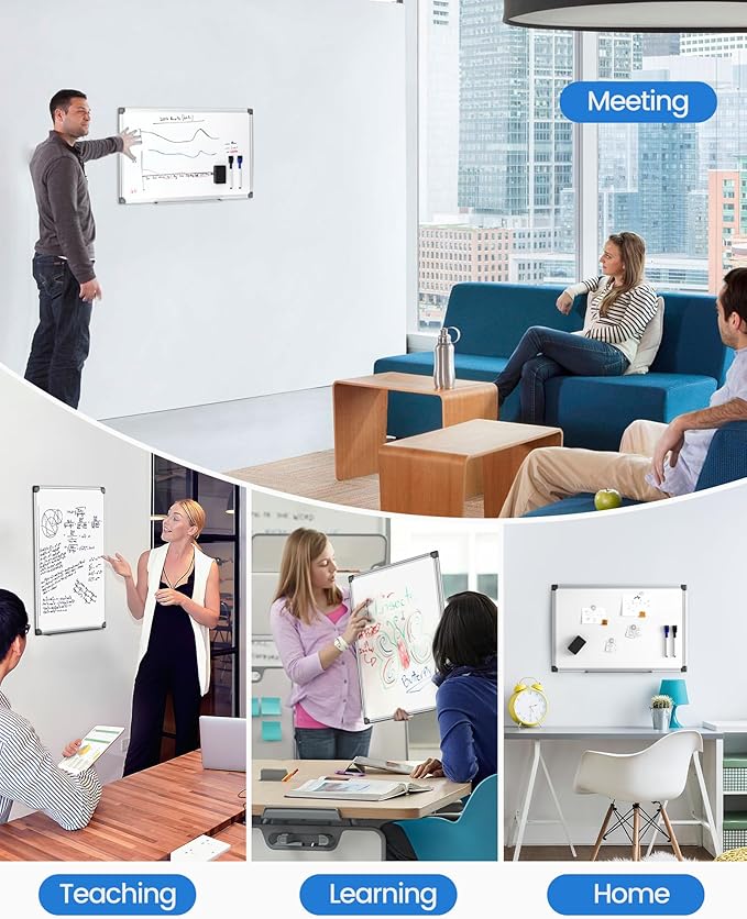 VUSIGN 2PCS Magnetic White Board Kit for Wall 18" x 12", 2 Dry Eraser & 4 Multicolor Markers & 8 Magnetic Pins, Sliver Reinforced Aluminum Frame for Home, School, Office