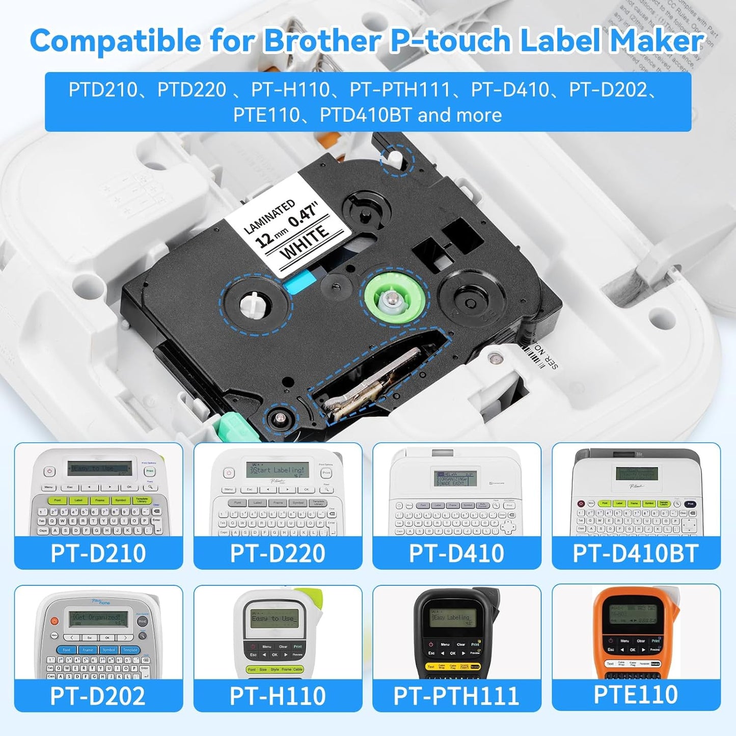 Compatible with Brother Label Maker Tape Refill Multi Color Tze TZ Tape 12mm 0.47" Laminated TZe 131 231 431 531 631 731 Replacement for Brother P-Touch PT-D210/D220/H110/D410 Label Makers, 6PK