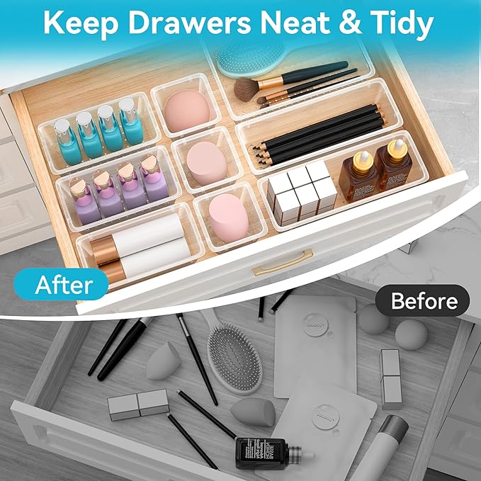 24-Piece Drawer Organizer Set, 4 Sizes Clear Plastic Makeup Vanity Organizer, Minimalist Style, Transparent