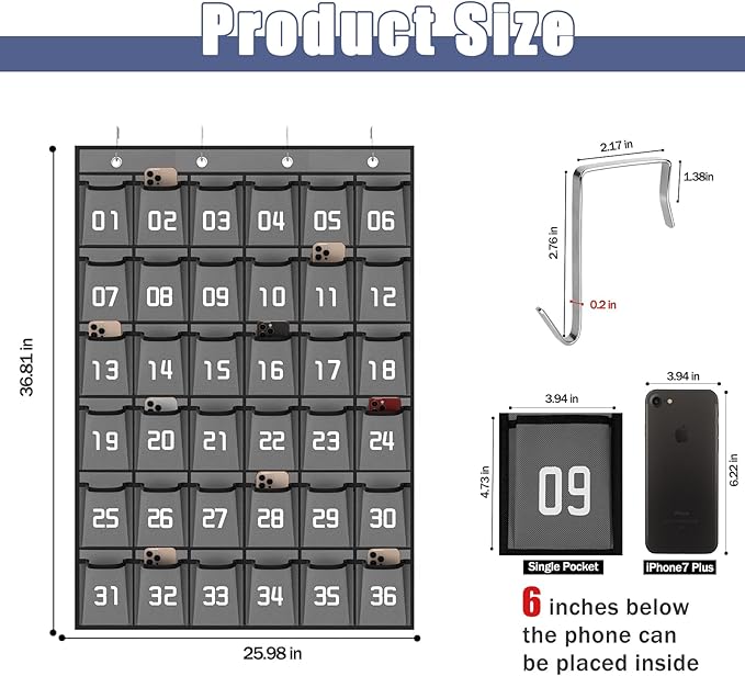 Loghot Numbered Classroom Sundries Closet Pocket Chart for Cell Phones Holder Wall Door Hanging Organizer (36 Pockets Gray)