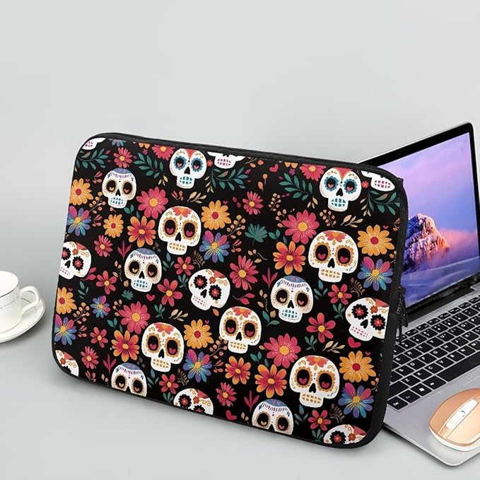 Skull Printed Computer Carrying Cover with Floral Print Laptop Case Bag Easy to Carry Computer Bag, 15 Inch Lightweight Laptop Briefcase Messenger Bag for Women