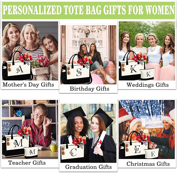 YOOLIFE Christmas Gifts for Women - Initial Canvas Tote Bag & Makeup Bag Birthday Gifts for Women Mom Friend Teacher Sister