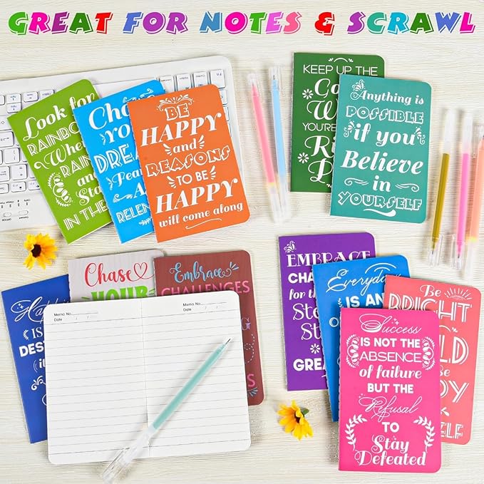 60 Pcs Mini Inspirational Notebooks Bulk with 60 Pcs Colorful Pens, Small Pocket Journal Notepads Set, Motivational Bulk Gifts for Women Men Teacher Student Kids,Fun School Office Supplies,3.5"x5.5"
