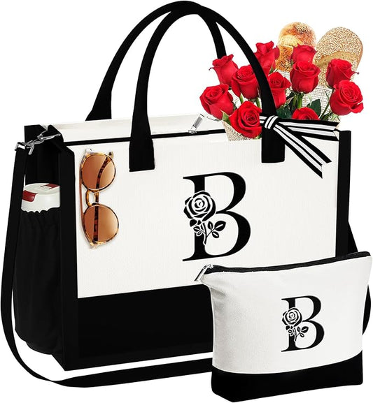 YOOLIFE Christmas Gifts for Women - Initial Canvas Tote Bag & Makeup Bag Birthday Gifts for Women Mom Friend Teacher Sister