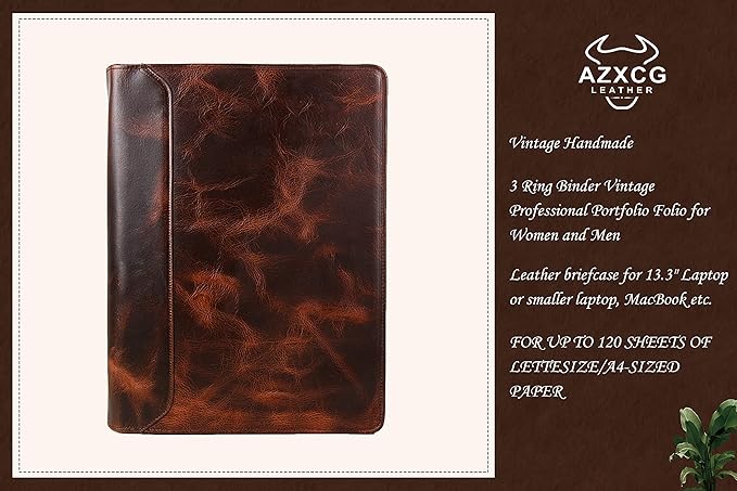AZXCG Leather Portfolio with Zipper, 3 Ring Binder Resume Padfolio Folder, Professional Planner with A4 Notebook Holders, Business Document Organizer for 13.3" Laptop, Gift for Women/Men, Oil Wax
