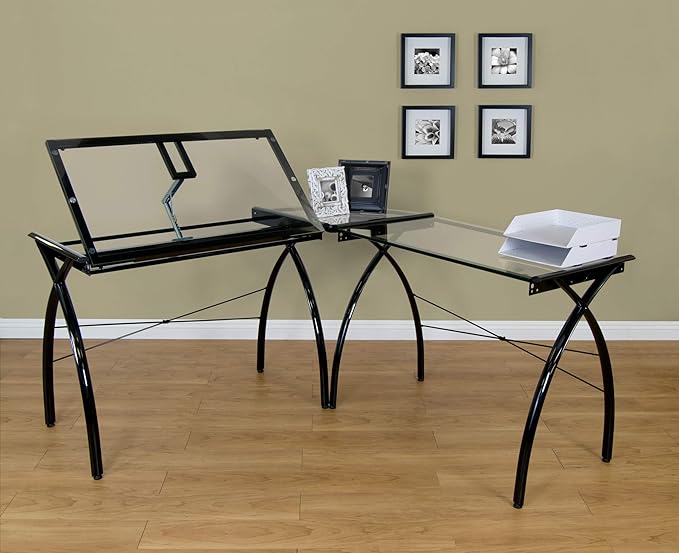 SD STUDIO DESIGNS Futura LS WorkCenter with Tilt Top Adjustable Drafting Table Craft Table Drawing Desk Hobby Table Writing Desk Studio Desk, Black / Clear Glass.