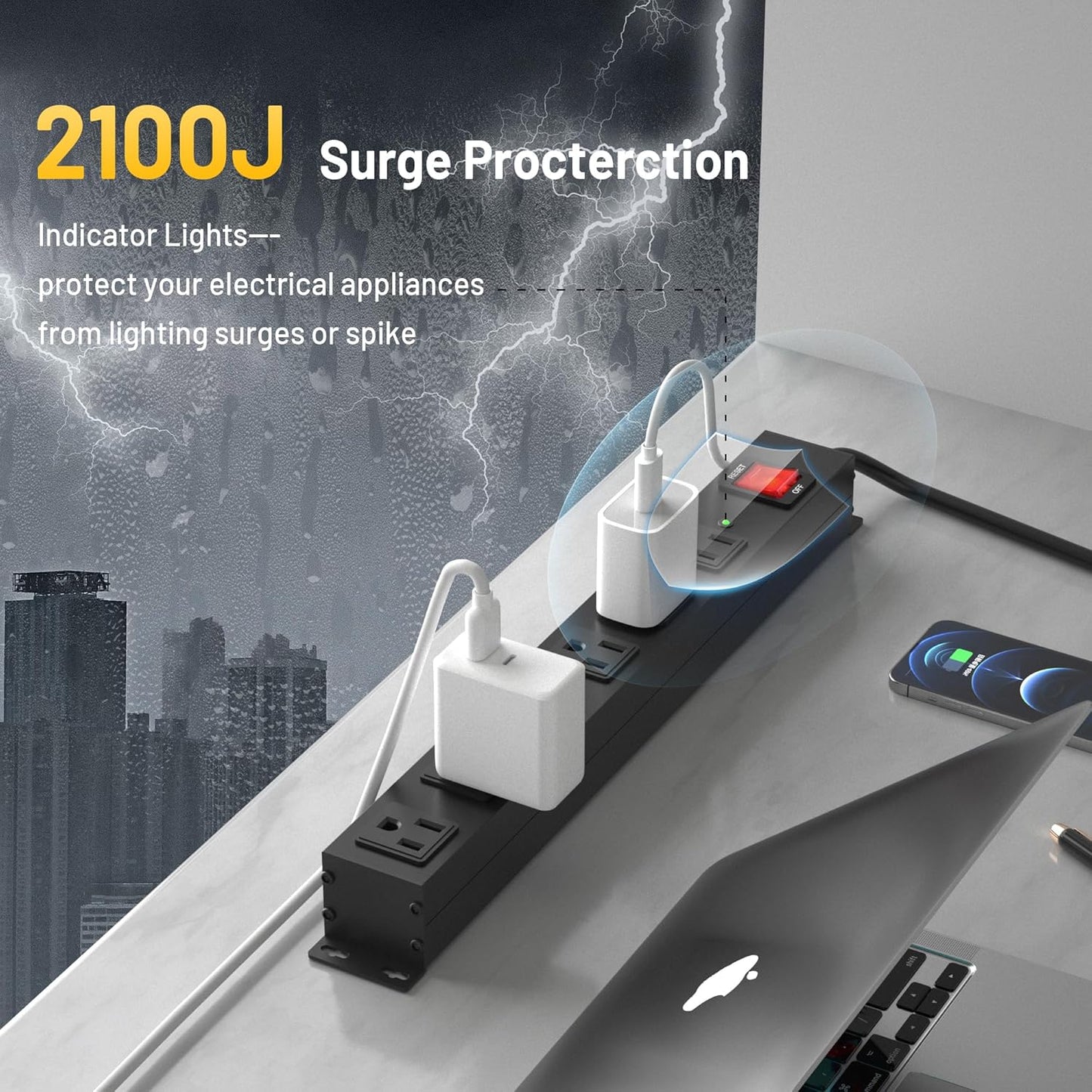 KF 6 Outlet Metal Power Strip with Surge Protection 2100J Mountable Power Outlet with Aluminum Alloy Mount Power Strip 14AWG 8FT Extension Cord,15A/125V/1875W in Home,Garage,Black