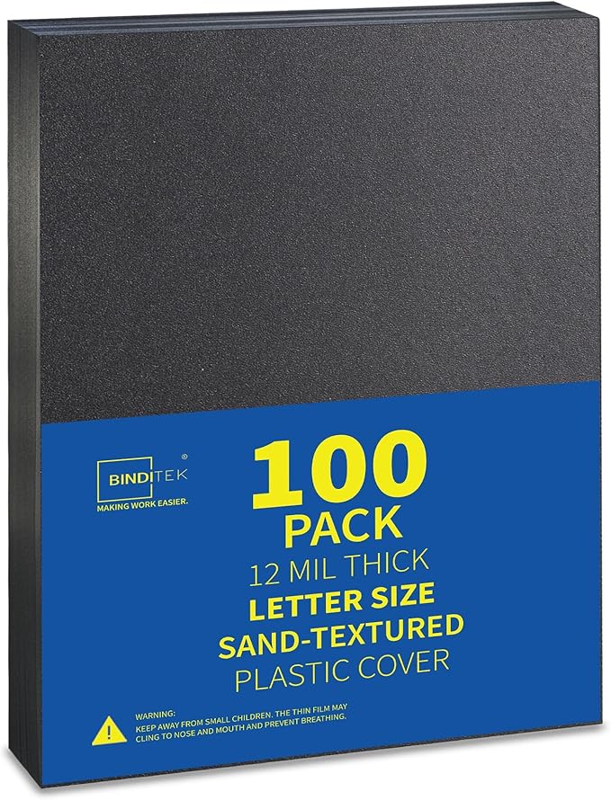 Binditek 100 Pack 12 Mil Sand-Textured Polycover - Plastic Binding Cover for Letter Size - Lightly Textured Sand Finish - Business Reports and Proposals - Square Corners, Un-Punched, Black