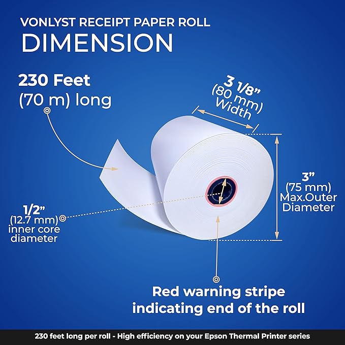 3 1/8 x 230 Thermal Paper Receipt Roll for Epson Printer (Pack 12 rolls)