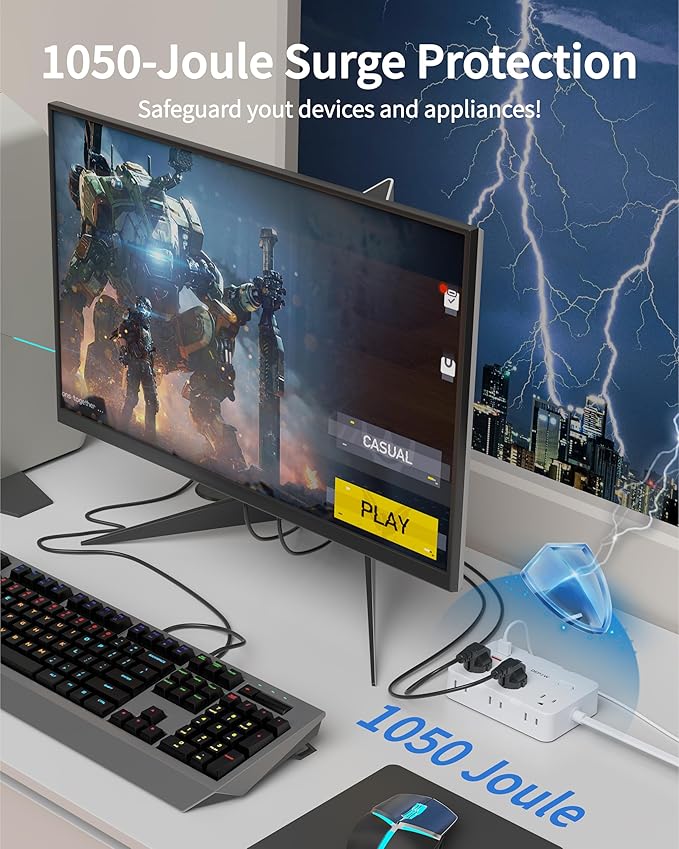 Surge Protector Power Strip with Flat Plug, 10 FT Extension Cord with 6 AC Outlets 4 USB Ports(2 USB-C),1050J Surge Protection, Wall Mountable Charging Station for Office, Home, White