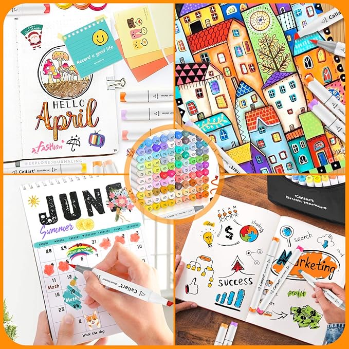 Caliart 168 Colors Brush & Chisel Alcohol Markers for Adult Coloring Book, Dual Tip Artist Sketch Art Markers, Aesthetic Cute Preppy Stuff School Supplies, Pens for Lettering Drawing Cards Planner