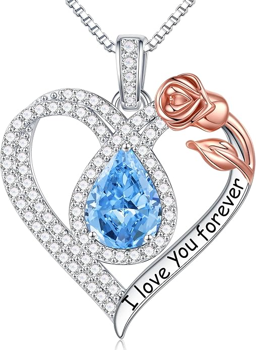 Hidepoo Christmas Gifts for Women Mom Wife - Sterling Silver Rose Heart Birthstone Necklace I Love You Forever Heart Pendant Teardrop Necklace Jewelry Anniversary Valentines Christmas Birthday Gifts