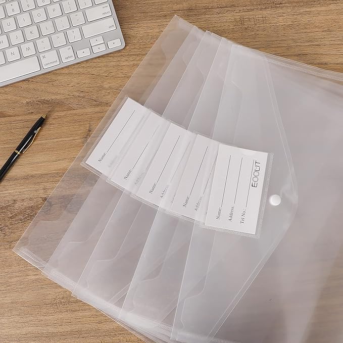 EOOUT 30pcs Plastic Envelopes, Clear Envelopes with Snap Closure, Document Folders Letter Size A4 Size File Envelopes with Label Pocket for School Home Work Office Organization