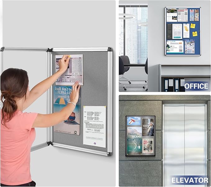 SWANCROWN Lockable Felt Bulletin Indoor Display Case Big Message Center Board with Aluminium Frame,38x38 inches (12xA4)