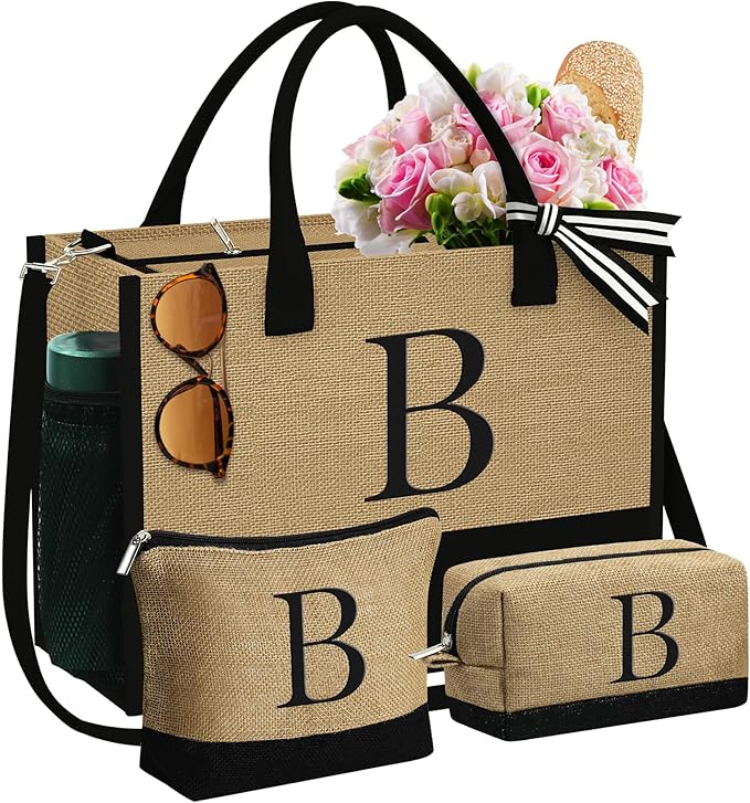 YOOLIFE Christmas Gifts for Women - Initial Jute Tote Bag & 2 Makeup Bags Birthday Gifts for Women Mom Teacher Friend Sister