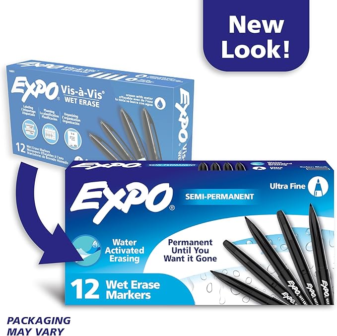 EXPO Wet Erase Markers, Semi-Permanent Markers, Black, Ultra Fine Tip, 12 Count