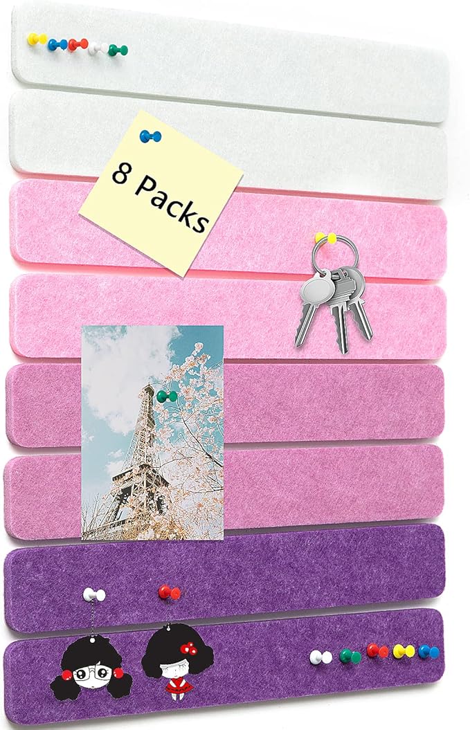 Felt Pin Board Bar Strips Bulletin Board for Bedrooms Offices Home Wall Decoration, Notice Board Self Adhesive Cork Board with 35 Push Pins for Paste Notes, Photos, Schedules (Multi- Purple)