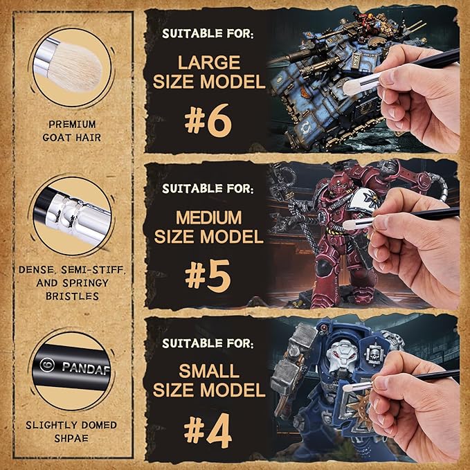 PANDAFLY Drybrush Set - 3 Sizes Hobby Detail Paint Brush Set, Acrylic Paint Brushes for Tabletop & Wargames, 40k, DND Miniatures, Citadel, Scale Model, Watercolor Oil Painting