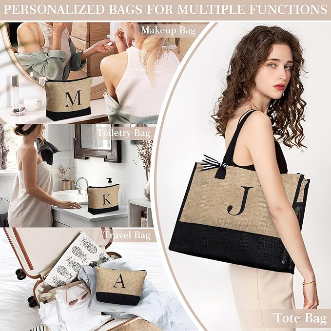 YOOLIFE Christmas Gifts for Women - Initial Jute Tote Bag & Makeup Bag, Birthday Gifts for Women Her Mom Teacher Friend