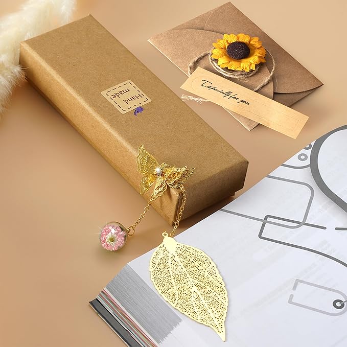 Bookmark with Gift Card,Golden Leaf Book Mark, Rose Flower Craft Gift Card Envelope, Gift for Family, Friend, Kid, Book Lovers sunflpw