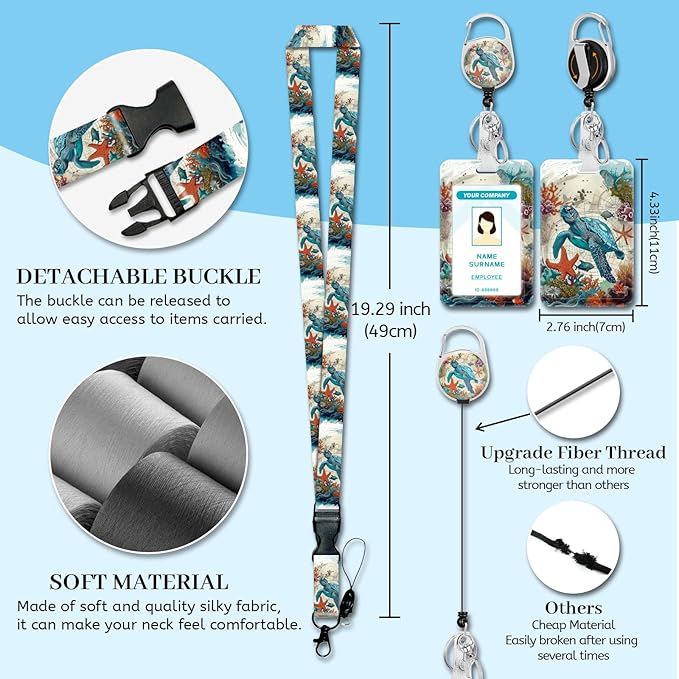 Lanyards for Id Badges, Sea Turtle Badge Holder with Retractable Reel Clip, Work Name Tags Keychain Lanyard ID Card Protector Cover Case for Women Teacher Nurse Nursing Doctor Office