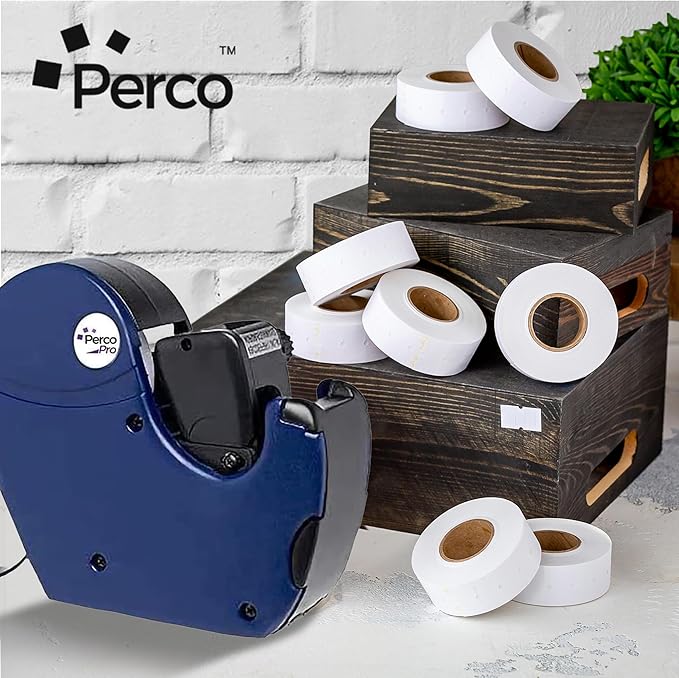 Perco 2 Line White Labels - 8 Rolls, 1 Sleeve, 6,000 Blank Price and Date Gun Labels for Perco 2 Line Price and Date Guns - Made in USA